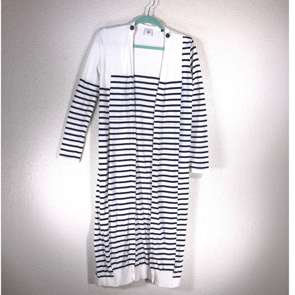 Cabi 5141 Women Navy White Striped‎ Longline Duster Cardigan Sweater Small